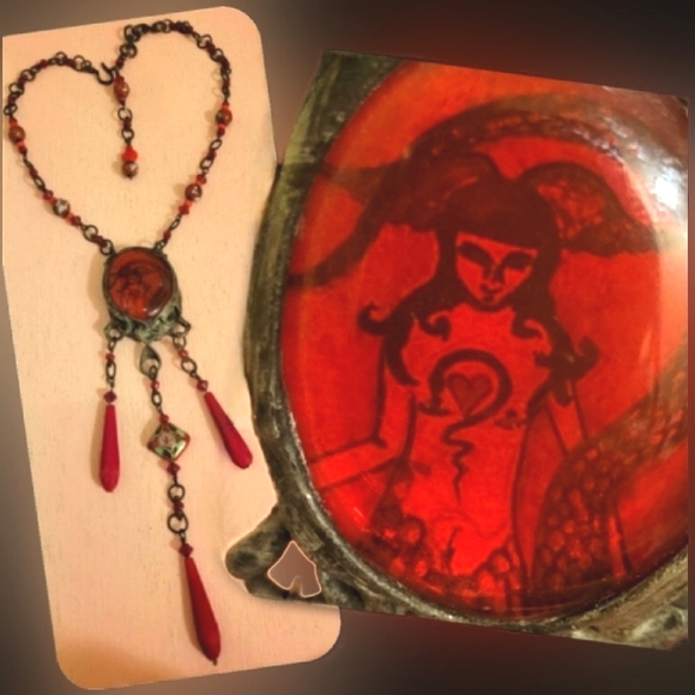 Vtg Y2K artisan red floral mermaid wire scrolls cloisonne lavaliere necklace